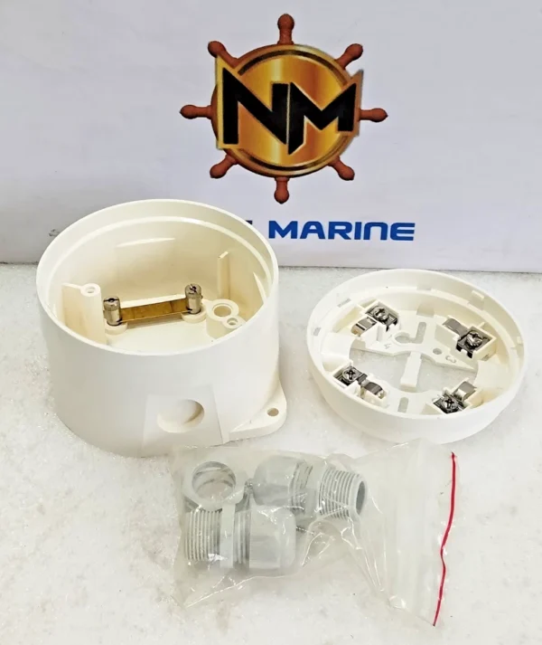 Autronica 116-BWP-100 conduit box with 116-BWA-100 detector base and cable glands.