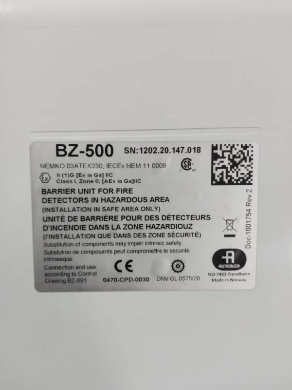 Autronica BZ-500 label showing ATEX IECEx certifications and technical specifications