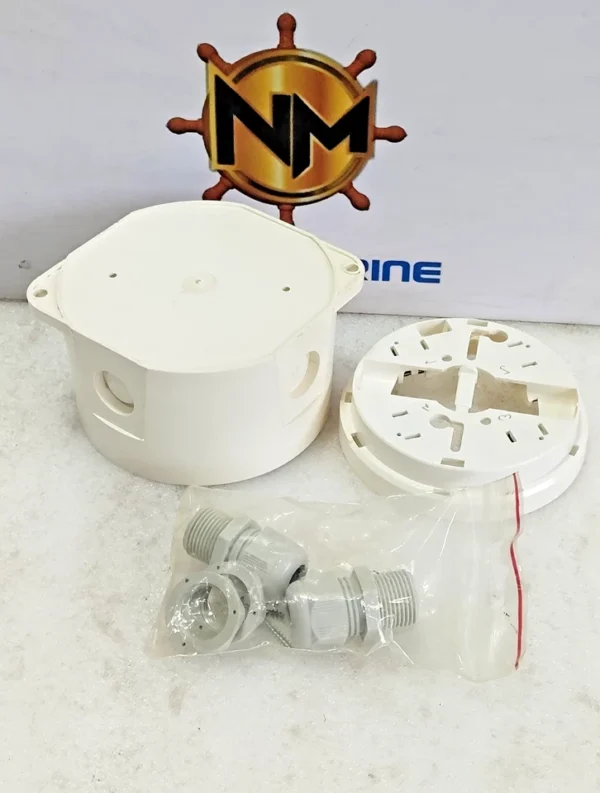 Autronica 116-BWP-100 conduit box with 116-BWA-100 detector base and cable glands.